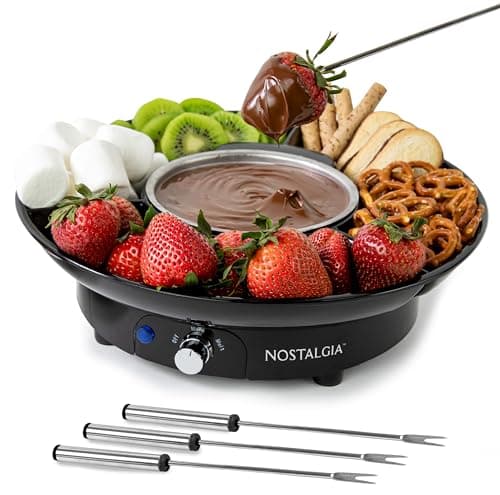 Nostalgia Electric Fondue Party Set for Chocolate and Cheese Fondue – 10 Oz Pot, 4 Roasting Forks, and 3-Section Tray – Temperature Control – Gifts, Parties, Date Night, and Dessert – Black