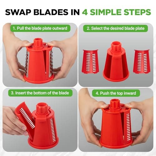 NutriChef 5 in 1 Cheese Grater & Shredder | 5 Different Blades for Thin, Thick, Julienne Strips, Wavy, & Straight Strips | Includes Hand Crank, Strong Suction Base & Storage Container | Red — view 2