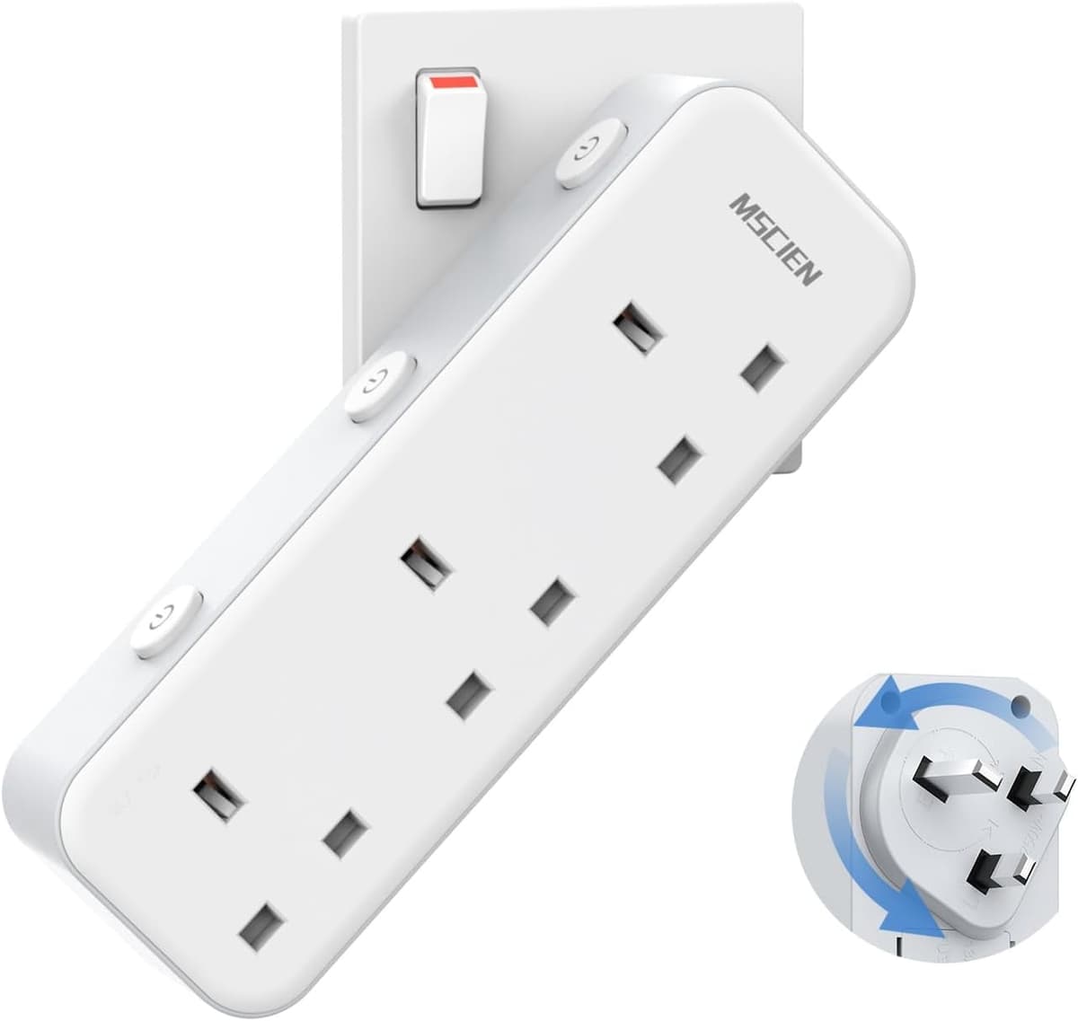 Mscien Multi Plug Extension Socket, UK Wall Socket Plug Extender with 315 Degree Rotating Design for Home, Office, Dorm (3 Way UK Sockets)