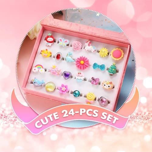 PinkSheep Little Girl Jewel Rings in Box, Adjustable, No Duplication, Girl Pretend Play and Dress Up Rings (24 Lovely Ring) — view 2