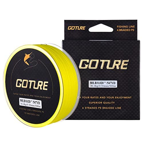 Goture Abrasion Resistant Braided Fishing Line, Zero Stretch Low Memory 4 Strand Braid Line for Saltwater Freshwater,50LB, 547Yds, 0.4MM, Yellow
