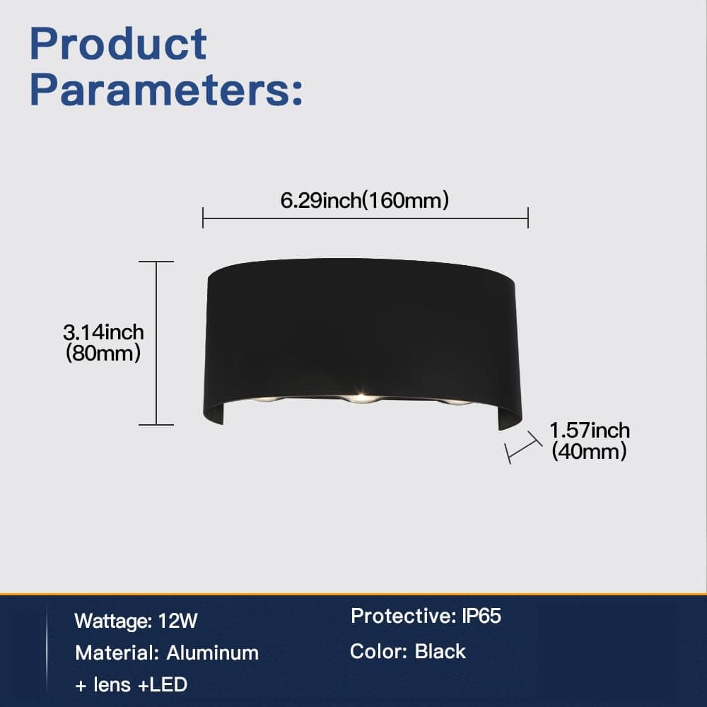 FUPE 2 Piezas Lámparas de Pared Exterior/Interior LED Aplique Pared 12W 1200LM ip65 impermeables up and down lámparas de pared de aluminio modernas que brillan arriba y abajo(Negro 6500k luz fría) — view 5