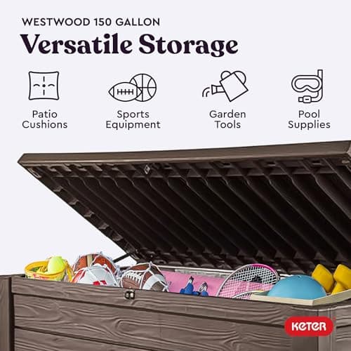 Keter 150 Gallon Resin Large Deck Box Organization and Storage Box for Patio, Outdoor Cushions, Garden Tools, Brown — view 5
