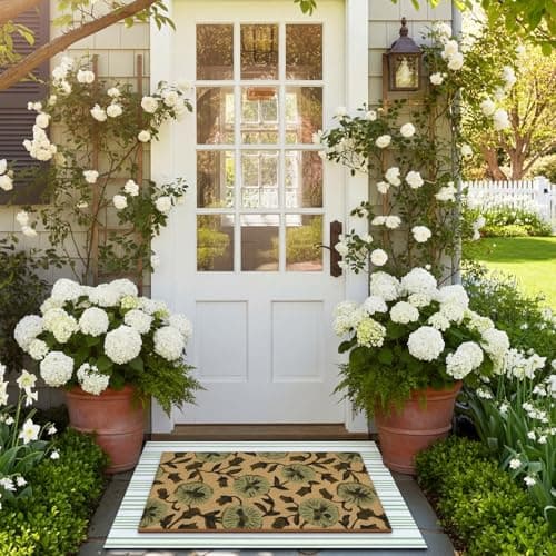 Tinideya 2 Pcs Floral Door Mat Flower Welcome Non Slip Coir Mats Floor Layering Green and White Stripe Summer Doormats Seasonal for Front Porch Entryway Decor(Floral) — view 4