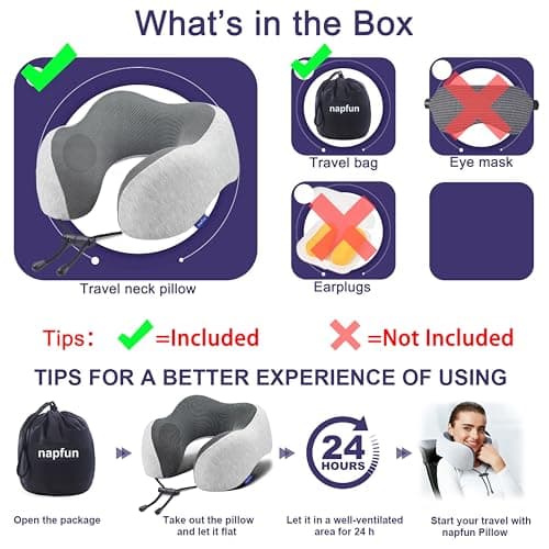 napfun Neck Pillow for Traveling, Upgraded Travel Neck Pillow for Airplane 100% Pure Memory Foam Travel Pillow for Flight Headrest Sleep, Portable Plane Accessories, Light Grey — view 5