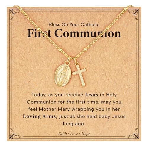 Jesvo Catholic First Communion Gifts for Girls, Virgin Mary Cross Charm Necklace 1st Holy Communion Decorations Gifts Ideas Christian Religious Jewelry for Teen Teenage Kids Age