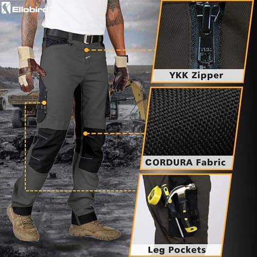 Ellobird Men's Construction Work Utility Pants Relaxed Fit Stretch Flex Cordura Double Knee Reinforcement Carpenter Cargo,(Blackened Pearl,36W x 34L) — view 3