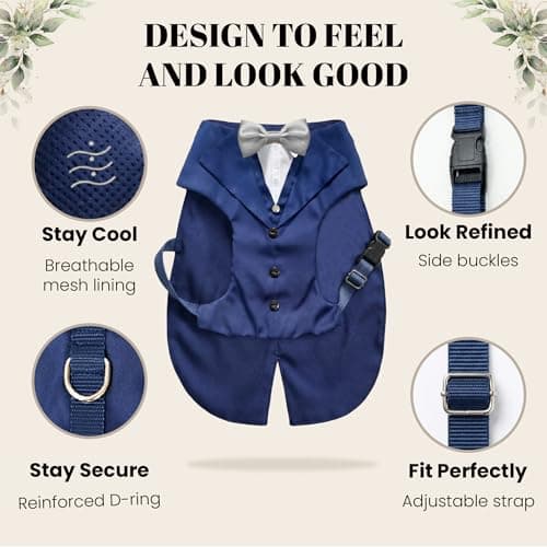 AVERYDAY Dog Tuxedo with Bow Tie for Wedding Outfit, Dog Suit Costume for Christmas Halloween Valentine’s Day, Adjustable Pet Tux Harness with Leash Ring, Formal Wear for Small Medium Large Dogs — view 4