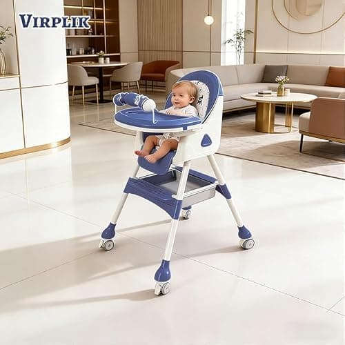 Foldable 4-in-1 Baby High Chair for Babies & Toddlers, High Chair with Detachable PU Cushion, Removable Tray, Adjustable Height, Locking Wheels,Blue — view 6