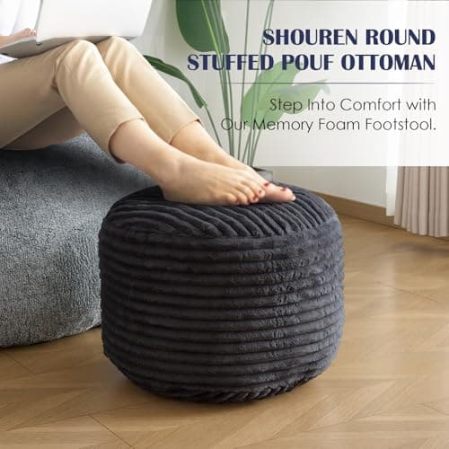 Round Ottoman,Corduroy Pouf Ottoman Foot Rest,Dark Grey,18x14 IN — view 5