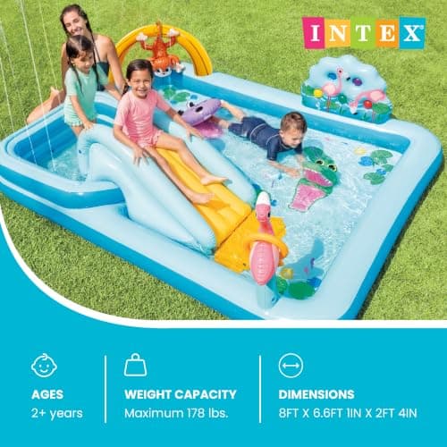 Intex 96" x 78" x 28" Inflatable Jungle Adventure Play Center Spray Kiddie Pool - Backyard Kids Water Slide, Outdoor Blow-Up Splash Pad for Toddlers
