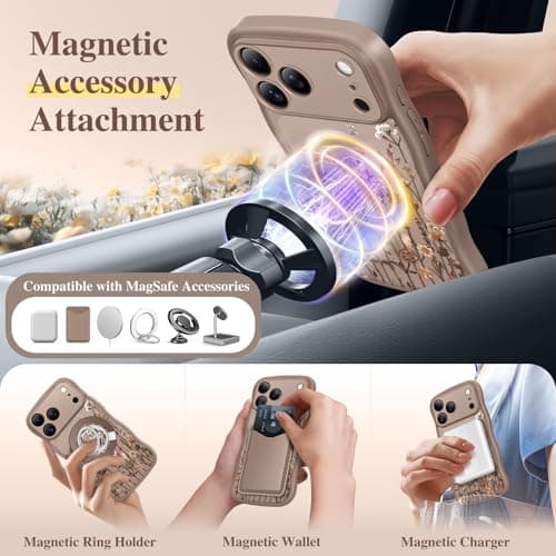 GVIEWIN for iPhone 17 Pro Max Case Compatible with MagSafe [Curly Wave Edge][Full Camera Protection] Floral Translucent Shockproof Magnetic Women Phone Case for 17 Pro Max, Floratopia/Brown — view 3