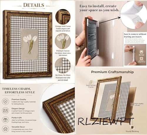 RLZIEWPT Vintage Gold Framed Wall Art, Cottagecore White Tulip Flowers Picture Wall Decor, Brown Gingham Botanical Print Artwork, for Living Room Bedroom 9x11 in — view 2