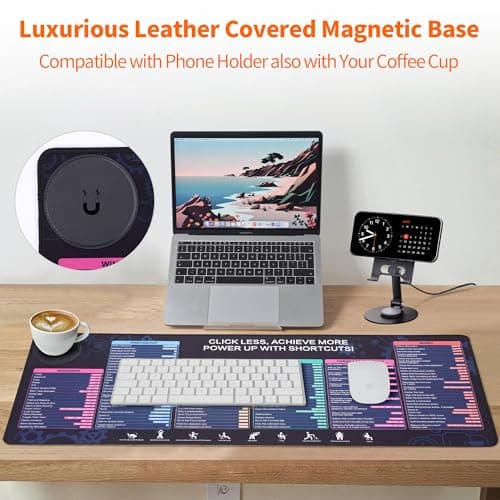 Magnetic Wireless Charging,Excel Cheat Sheet Mouse Pad with Phone Stand Extended Excel Shortcuts Desk Pad, Waterproof Ultra-Smooth Keyboard Mat, Non-Slip Base (Not Included Adapter 9V 2A) — view 2