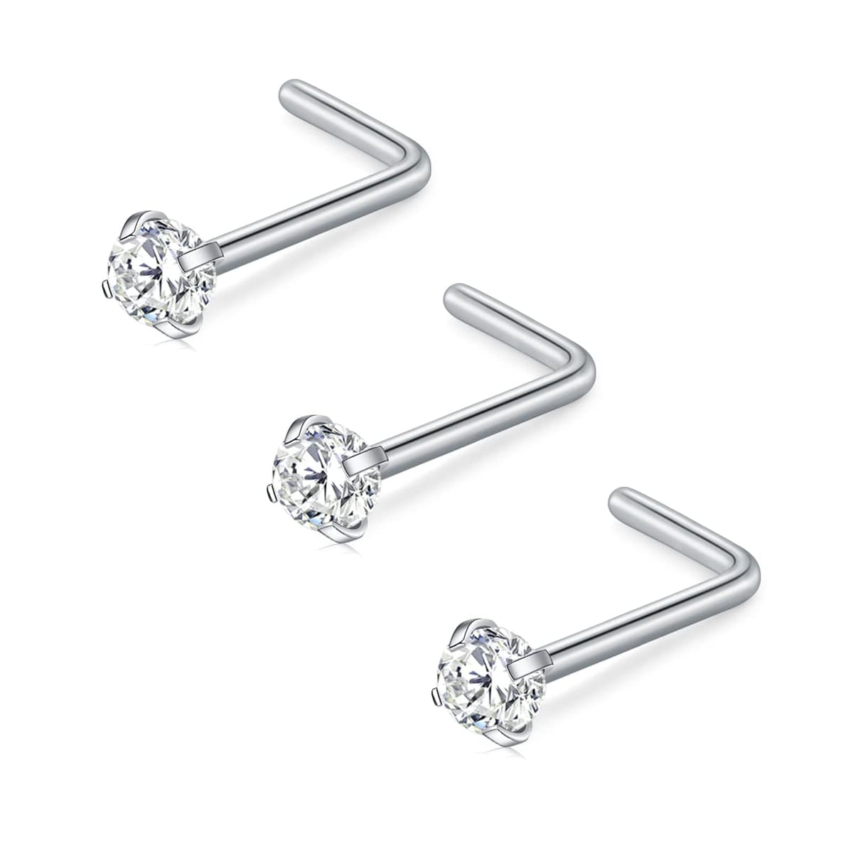 FECTAS Nose Stud L Shape Nose Ring Stud Nose Bar 18G 20G 1.5mm 2mm 2.5mm 3mm L Shaped Nose Piercing Jewellery Stainless Steel Clear Pink Blue Round Star Heart Diamond Silver Gold Black — view 11