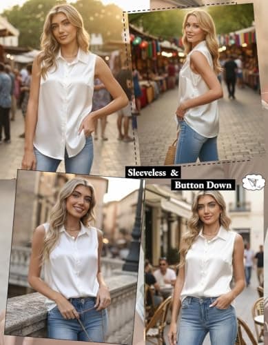 Zeagoo Women Tops Satin Summer Sleeveless Button Down Shirts Silky Blouses Dressy Business Casual Outfits White M — view 4