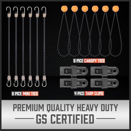 HORUSDY 31-Piece Premium Bungee Cords Assortment Jar, Includes 10”,18”,24”,32”,40” Bungee Cords, 6“ Zip Ties, 8”Canopy/Tarp Ball Ties and Crocodile Mouth Tarp Clips — view 3