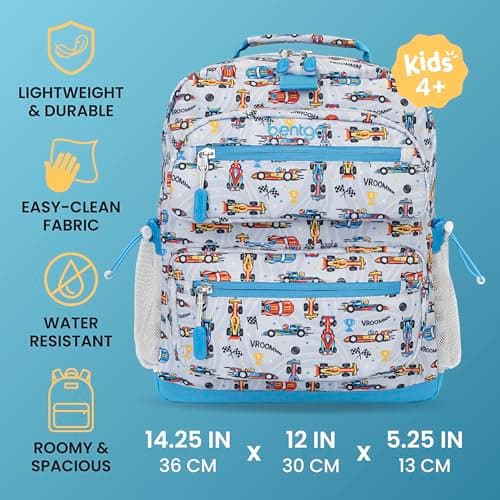 Bentgo Kids Print Backpack - Lightweight 14” Backpack for School, Travel & Daycare, Ideal for Ages 4+, Durable & Water-Resistant, Roomy Interior, & Loop for Lunch Bag (NEW Race Cars) — view 2