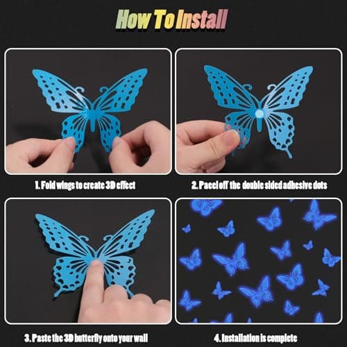SAOROPEB Glow in The Dark 3D Butterfly 24 Pcs 3 Sizes, Luminous Butterfly Stickers for Ceiling or Wall, Glow in The Dark Party Supplies, Removable Luminous Stickers for Kids Babys Nursery (Blue) — view 7