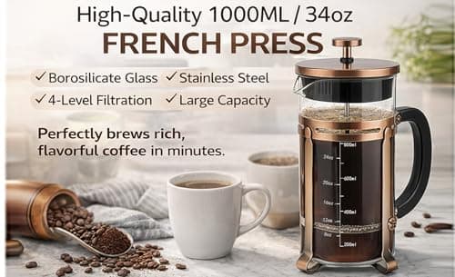 PSAVGLA 34oz French Press Coffee Maker, Thickened Borosilicate Glass & 304 Stainless Steel Double Mesh Filter. Cold Brew & Tea Brewer for Travel Camping, Kitchen Decor, Bar Accessories Gift (Copper) — view 4