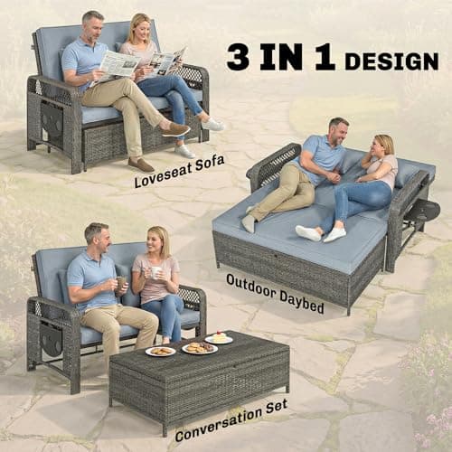 Outsunny 2 Pieces Patio Lounge Chair Set with Cushions, PE Wicker Outdoor Chaise Lounge with Adjustable Backrest, Side Trays and Storage Ottoman, Tanning Chair, Light Grey — view 3