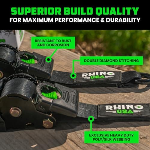 Rhino USA Retractable Ratchet Straps (4-Pack) - 2 Inch x 10 Feet (3,033lb Break Strength) - Heavy Duty Auto Self Retracting Tie Down Straps for Truck, Cargo Trailer, Motorcycle, Rad & More - Black — view 3