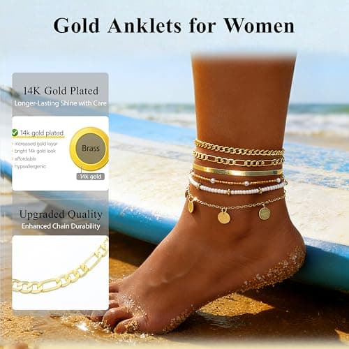 FAXHION Gold Ankle Bracelets for Women Waterproof, layered Coin Bead Cuban Link Chain Adjustable Anklets Set, Summer Boho Anklet Beach Jewelry Gift for Women — view 5