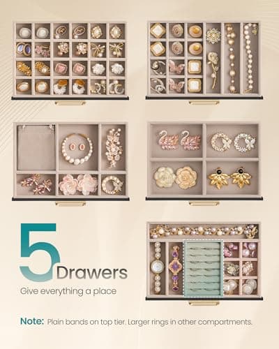SONGMICS 5-Layer Jewelry Box with Glass Window, Jewelry Storage Organizer with 5 Drawers, Golden Handles, for Rings, Earrings, Bracelets, Gift Idea, Black, 6.8 x 9.4 x 7.2 Inches UJBC205BZ02S — view 3