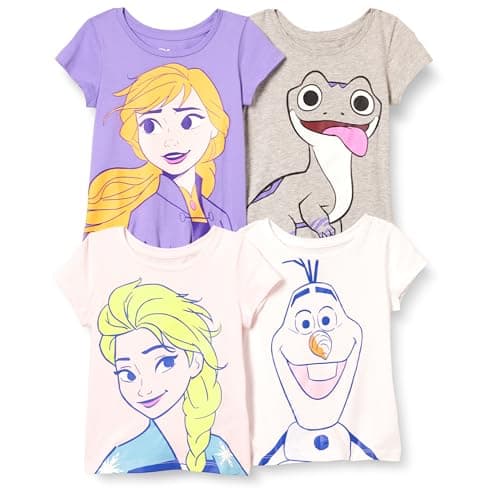 Amazon Essentials Disney | Marvel | Star Wars | Frozen | Princess Girls' Short-Sleeve T-Shirts, Pack of 4, Frozen 2 Elsa, Small