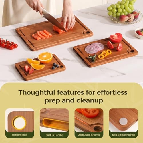 Bamboo Cutting Board for Kitchen – 3-Piece Wooden Boards with Juice Grooves, Side Handles, Non-Slip Mats – Perfect for Meat, Veggies, Fruit – Ideal Kitchen Gift — view 4