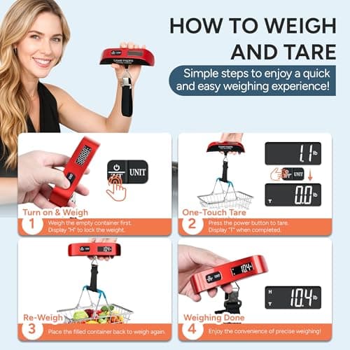 travel inspira Luggage Scale, Portable Digital Hanging Baggage Scale for Travel, Suitcase Weight Scale with Rubber Paint, 110 Pounds, Battery Included RED — view 3