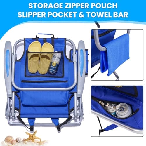 Canpsky Portable Beach Chair for Adults, Outdoor Camping Chair Lay Flat Folding Backpack Beach Reclining Chair with 5 Positions, Headrest, Zipper Pouch, Cup Holder, Blue — view 6