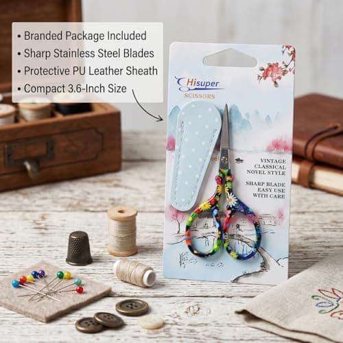 Classic 3.6" Sewing Scissors with Premium Leather Sheath-Hisuper Sharp Embroidery Scissors,Vintage Decorative Shears for Needlework,Cross Stitch,Crochet Accessories,Craft DIY Tool-Black Floral — view 5