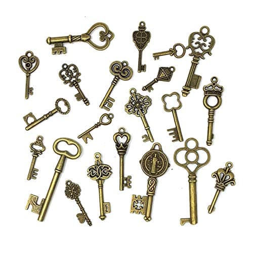 125 PCS Vintage Skeleton Key Set Charms, JIALEEY Mixed Antique Style Bronze Brass for Pendant DIY Jewelry Making Wedding Party Favors