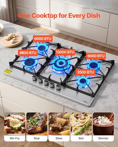 VEVOR 36 inch Gas Cooktop 5 Burners Gas Stove Top, Max 38300BTU Built-in Stainless Steel Stove Top LPG/NG Convertible Dual Fuel Cooktop Stoves with SABAF Dual-Ring Burner for Kitchen Apartment Rvs — view 2