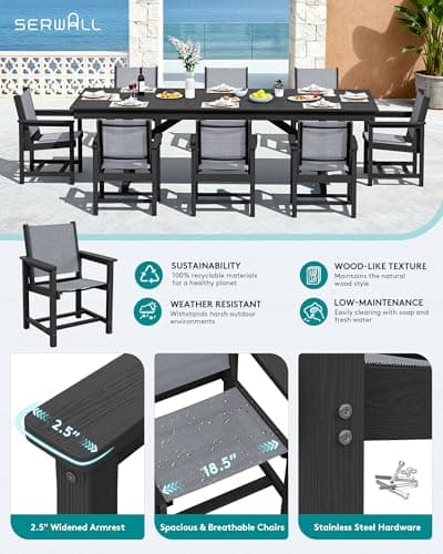 SERWALL 9 Piece 84" HDPE Outdoor Dining Set for 8 with Textilene Chairs and Umbrella Hole, Black/Gray — view 2