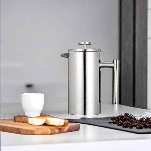 Meelio French Press Coffee Maker, 600ml/20oz Silver Stainless Steel Coffee Press, Double-Wall Insulated, Food Grade & Rust-Free, Included 2 Extra Filters, Dishwasher Safe — view 7