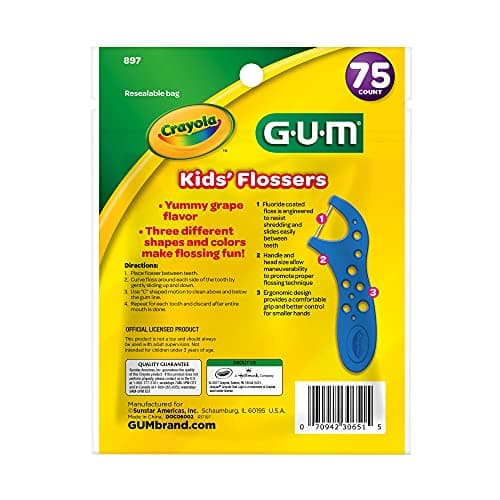 GUM Crayola Kids' Fluoride Coated Flosser Picks, Helps to Prevent Cavities Between Teeth, Grape Flavoured, Colours: Blue, Green, Pink, 75 Flossers (1 Bag) — view 2