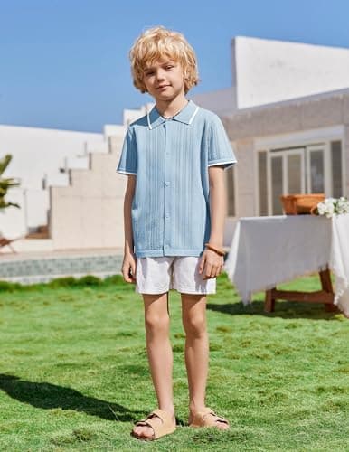 Arshiner Boys Button Down Shirt Short Sleeve Knit Shirt Summer Vintage Fashion Casual Beach Shirts for Kids 3-14 Years Light Blue — view 5