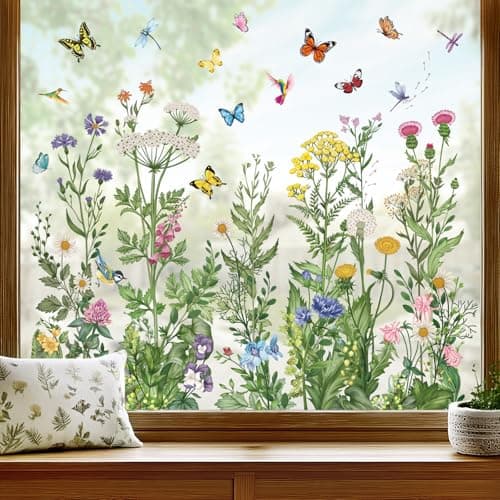 wondever Spring Summer Wild Flowers Window Clings Vintage Wildfloral Butterflies Glass Sticker Decal Anti Collision Double-Side Static Window Stickers for Home Glass Window