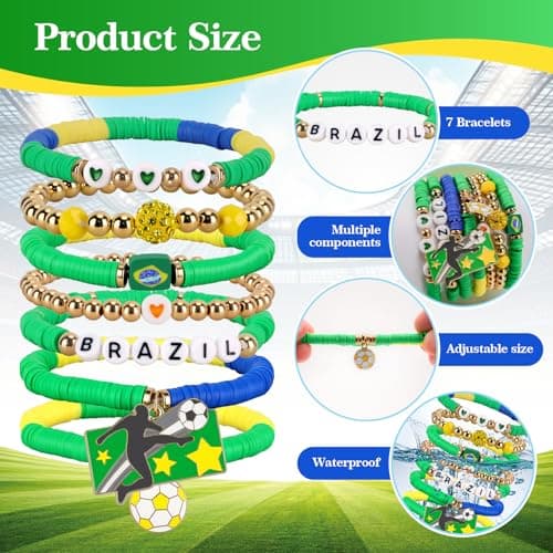 Amaiir Brazil Soccer Bracelet For Women, Game Day Mom Accessories & Outfits Sports Jewelry Fans Gifts, Charm Beaded Stretch Bracelets Essentials Team Gear — view 2