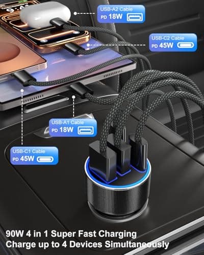 USB C Car Charger, 3 Pack 90W 4-Port Dual 45W Super Fast Car Phone Charger PD/QC 3.0 Fast Charging 12V Cigarette Lighter Adapter Plug for iPhone 17 16e 15 14 Pro Max, Galaxy S26 S25, Android — view 4