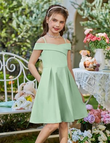 Arshiner Girls Summer Dress Off Shoulder Fold Pleated Formal Elegant A-Line Party Dresses with Pocket Light Green for 13-14Years Girls — view 2
