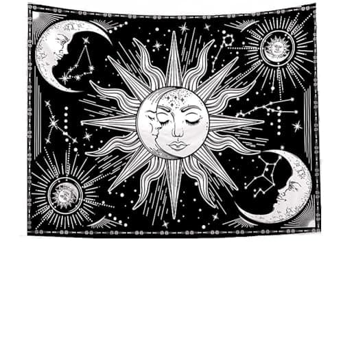 Jation Moon and Sun Tapestry Burning Sun Star Psychedelic Mystic Wall Hanging Poster Black and White Tapestry Art for Home Headboard Dorm Decoration in 150 * 130cm — view 3