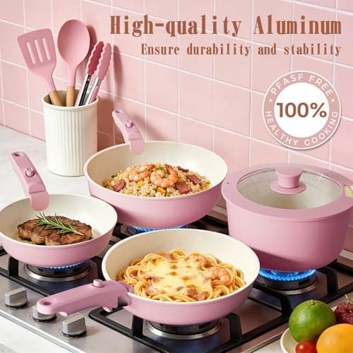 Umite Chef Pots and Pans Set Non Stick, 21 pcs Nonstick Ceramic Cookware Set, RV Kitchen Cooking Set with Detachable Handles, Oven Safe, Induction Cookware, Stackable, Pink, PFAS PFOA & PTFE Free — view 2