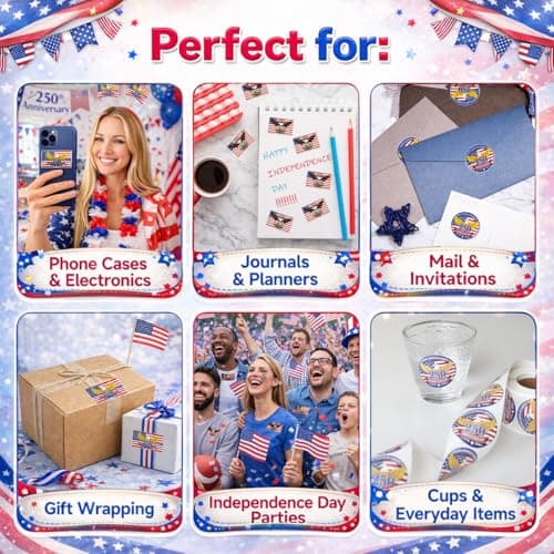 500 PCS 1.89" Patriotic 250th Independence Anniversary Stickers Roll Round American Flag Waterproof Decals Strong Adhesive Labels for Water Bottles Laptops 4th of July Party Decorations — view 4