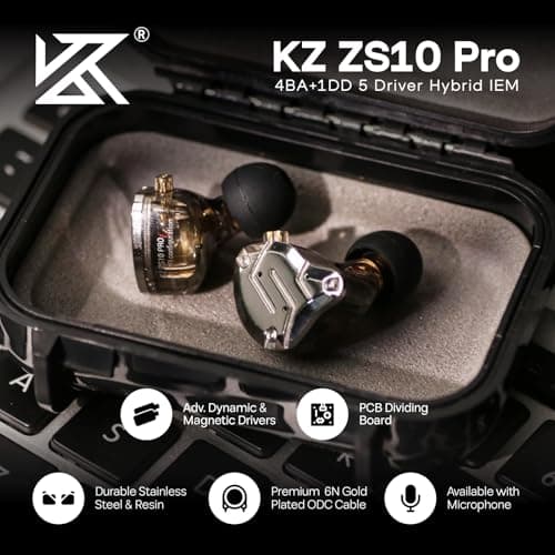 Linsoul KZ ZS10 Pro, 4BA+1DD 5 Driver in Ear Monitor, HiFi Wired Earbuds, Gaming Earbuds, Hybrid IEM Earphones with Stainless Steel Faceplate, Recessed 2 Pin Detachable Cable (Without Mic, Black)
