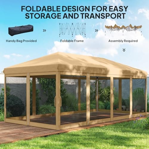 Outsunny 10' x 20' Pop Up Canopy Tent Gazebo with Removable Mesh Sidewall Netting, Carry Bag for Backyard Patio Outdoor, Beige — view 3