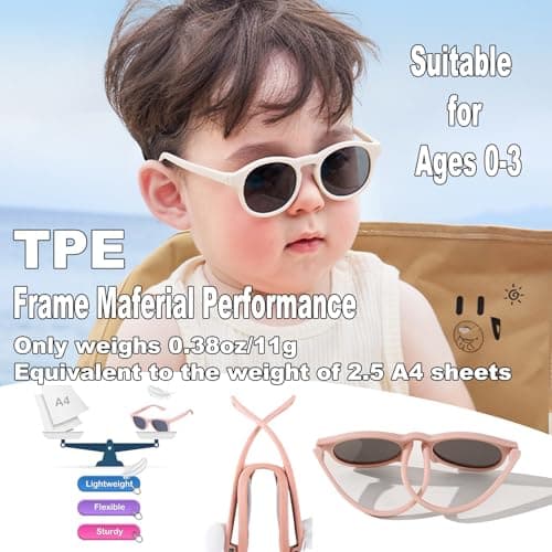Baby Sunglasses, 2PCS Toddler Sunglasses with Strap Kids Polarized Glasses, Infant Sunglasses for 0-24 Months Soft Frame Safe (Black+Beige) — view 2