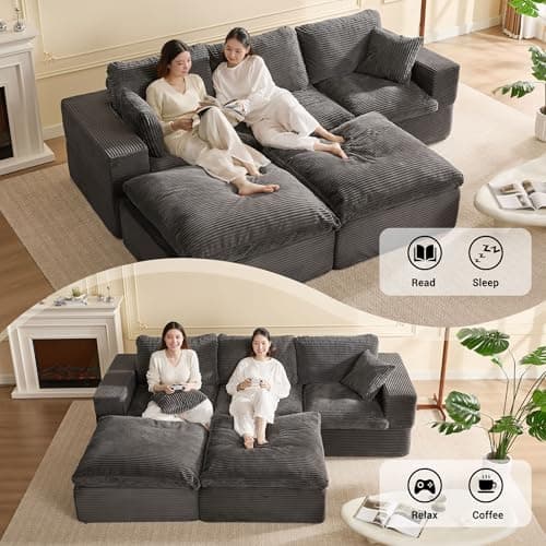 EJC 106.3” Sectional Couches for Living Room, Set of Cloud Couch, Modular Sectional Sofa, Convertible Sofas Bed, Deep Seat Sofa, U Shaped Cozy Sofa Furniture Set, Corduroy, Gray — view 5